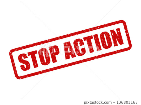 Distressed red rubber stamp depicting a clear stop action message for immediate cessation Distressed red rubber stamp depicting a clear stop action message for immediate cessation 136803165