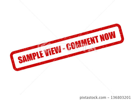 Distressed red rubber stamp displaying SAMPLE VIEW COMMENT NOW encouraging immediate feedback or interaction 136803201