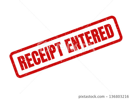 Distressed red rubber stamp displaying the important text RECEIPT ENTERED for financial record processing Distressed red rubber stamp displaying the important text RECEIPT ENTERED for financial record processing 136803216
