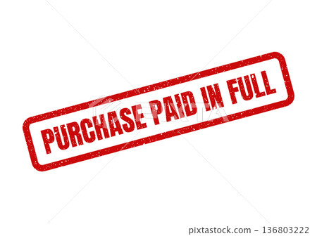 Distressed red rubber stamp displaying the message PURCHASE PAID IN FULL indicating a completed financial settlement Distressed red rubber stamp displaying the message PURCHASE PAID IN FULL indicating a completed financial settlement 136803222