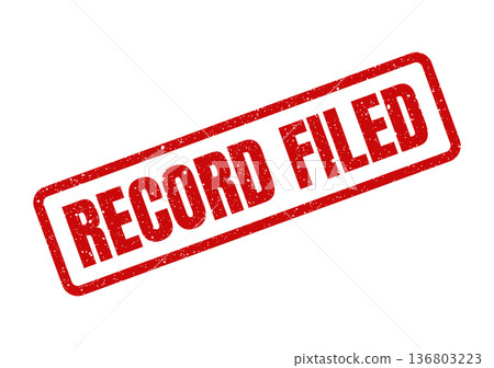 Distressed red rubber stamp displaying the message RECORD FILED in a bold rectangular frame Distressed red rubber stamp displaying the message RECORD FILED in a bold rectangular frame 136803223