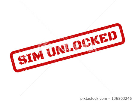 Distressed red rubber stamp effect with SIM UNLOCKED text, indicating freedom from carrier restrictions Distressed red rubber stamp effect with SIM UNLOCKED text, indicating freedom from carrier restrictions 136803246