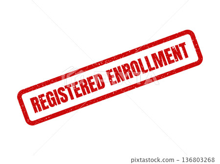 Distressed red rubber stamp featuring REGISTERED ENROLLMENT text set diagonally with a grunge look Distressed red rubber stamp featuring REGISTERED ENROLLMENT text set diagonally with a grunge look 136803268