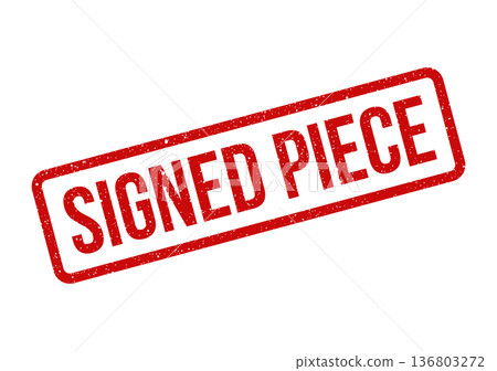 Distressed red rubber stamp featuring SIGNED PIECE text, suitable for authenticating individual works or components Distressed red rubber stamp featuring SIGNED PIECE text, suitable for authenticating individual works or components 136803272
