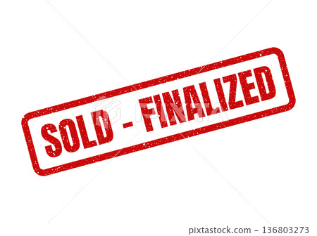 Distressed red rubber stamp featuring SOLD FINALIZED wording, indicating official conclusion of a process or sale 136803273