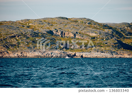 the coast of the Barents Sea, pleasure boats in the sea, the rocky shore with colourful arctic carpet of moss, yagel, Tundra at autumn the coast of the Barents Sea, pleasure boats in the sea, the rocky shore with colourful arctic carpet of moss, yagel, Tundra at autumn 136803340