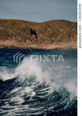 A wave of the Barents Sea breaks against a strong wind in sunny weather 136803349