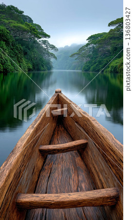 Traditional wooden canoe floating on calm river surrounded by lush tropical rainforest and morning mist 136803427
