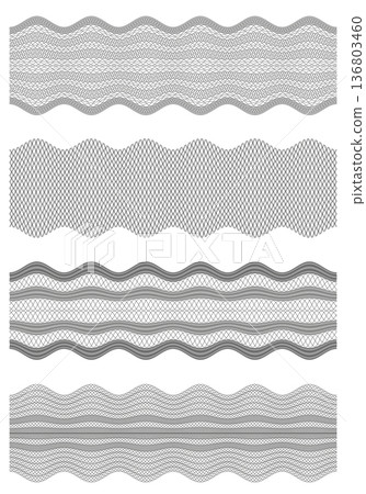 Ornament. A set of guilloche elements. Watermark patterns. Isolated on white background. Ornament. A set of guilloche elements. Watermark patterns. Isolated on white background. 136803460
