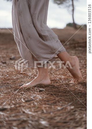 Barefoot Walking on Pine Needle Path in Nature Barefoot Walking on Pine Needle Path in Nature 136803516