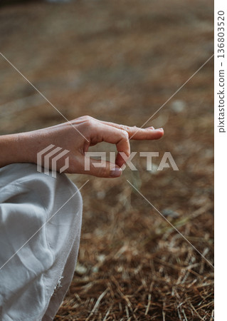Hand in Meditation Mudra in Peaceful Outdoor Setting 136803520