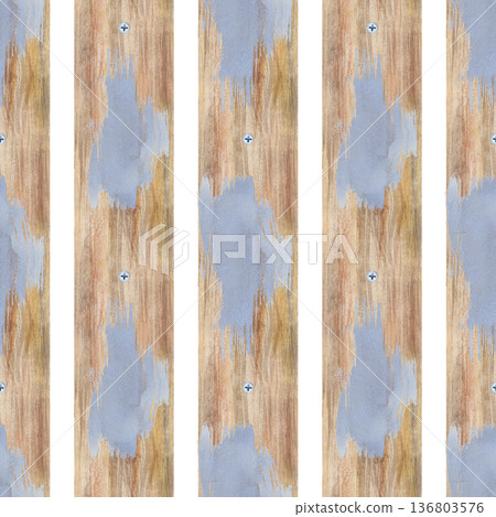 Seamless vertical pattern with wooden boards and strokes of gray paint on them. Watercolor illustration with the tools of the master on an isolated background. Realistic background with elements of 136803576