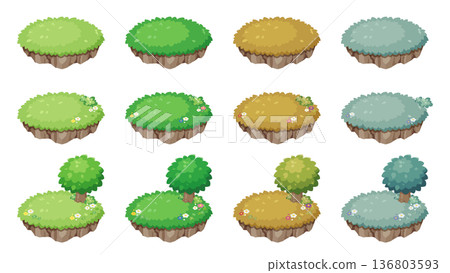 以插圖風格描繪的草原島嶼在春、夏、秋、冬四季的景象 136803593