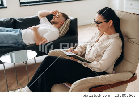 Noting the thoughts, therapy. Man is lying down at couch and talking, at psychologist appointment 136803663