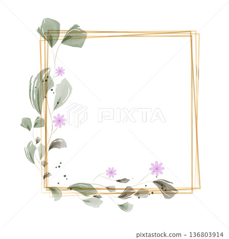 Elegant golden lines form a square frame, adorned with soft watercolor green leaves and delicate purple flowers. Elegant golden lines form a square frame, adorned with soft watercolor green leaves and delicate purple flowers. 136803914