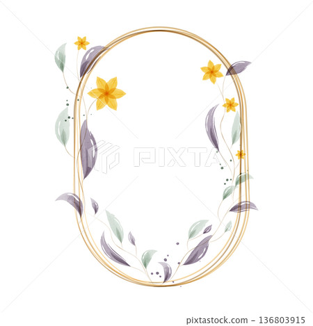 An elegant watercolor illustration features an oval golden frame with charming yellow flowers and flowing purple and green leaves. This decorative element is perfect for invitations or cards. An elegant watercolor illustration features an oval golden frame with charming yellow flowers and flowing purple and green leaves. This decorative element is perfect for invitations or cards. 136803915