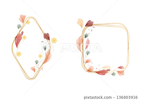 Two distinct watercolor frames illustrate a delicate design on a clean white background. Two distinct watercolor frames illustrate a delicate design on a clean white background. 136803916