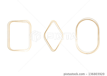Three abstract watercolor frames feature soft, flowing golden lines. A rounded rectangle, a diamond, and an oval frame appear on a clean white background, offering elegant design elements. Three abstract watercolor frames feature soft, flowing golden lines. A rounded rectangle, a diamond, and an oval frame appear on a clean white background, offering elegant design elements. 136803920