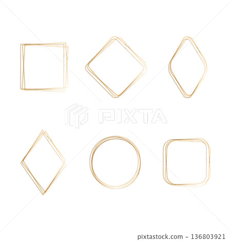Six delicate watercolor frames are presented on a clean white background. These include various geometric forms like squares, diamonds, a circle, and a rounded square, perfect for design elements. 136803921