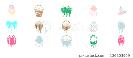 Easter Dripping Pastel Icon Set with Painted Eggs Basket Gift and Decorative Spring Elements EPS Vector Collection 136803969