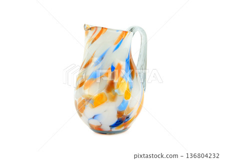Colorful Hand-Blown Murano Style Glass Pitcher Isolated on White 136804232