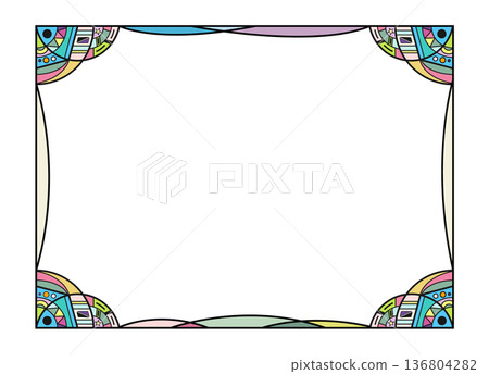 色彩繽紛的彩色玻璃風格裝飾框，流行幾何圖案，四個角落均飾有曲線裝飾框。 136804282