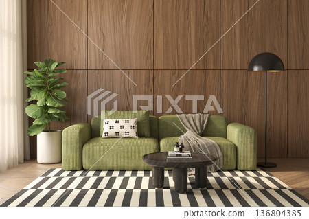 Mid century style conceptual dopamine interior room 3d illustration Mid century style conceptual dopamine interior room 3d illustration 136804385