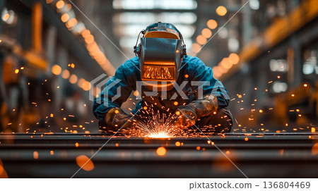 A welder wearing a protective mask, working with metal structures. Bright sparks fly around him. A welder wearing a protective mask, working with metal structures. Bright sparks fly around him. 136804469