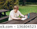 Search, map and angry man lost with guide to camp in woods or thinking of navigation or direction. Confused, travel and trekking in nature or plan to find location on hiking journey 136804523