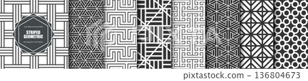 Collection of seamless striped ornamental geometric patterns - classic elegant design. Black and white repeatable decorative backgrounds. Symmetry endless textile monochrome prints 136804673