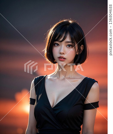 夕陽下，一位穿著洋裝的美麗年輕女子 136804688