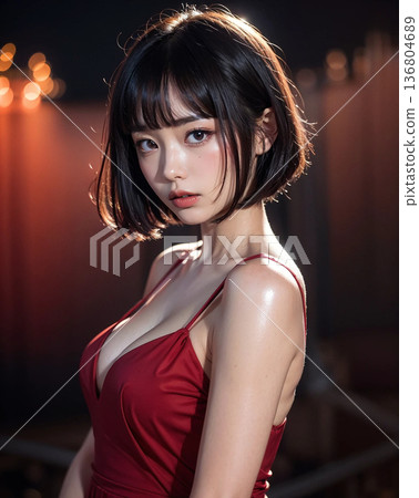 夕陽下，一位穿著洋裝的美麗年輕女子 136804689