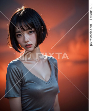 夕陽下，一位穿著洋裝的美麗年輕女子 136804690