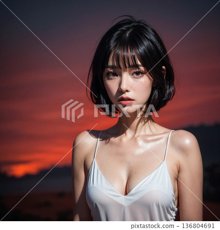 夕陽下，一位穿著洋裝的美麗年輕女子 136804691