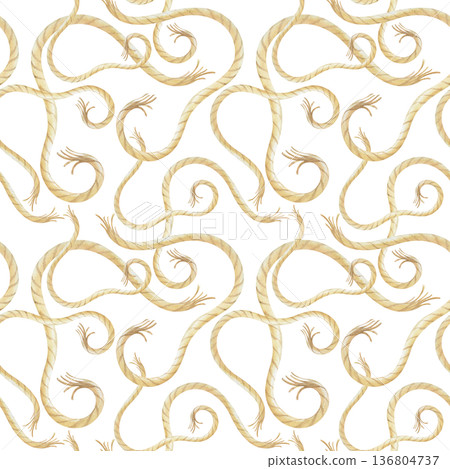 Watercolor seamless pattern with natural beige rope on an isolated background. Realistic background with wavy twine for marine themes, fishing and hobbies. 136804737