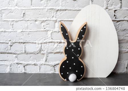 Black and white wood rabbit and egg for easter background. Shopping of Easter holidays. Space for text. 136804748