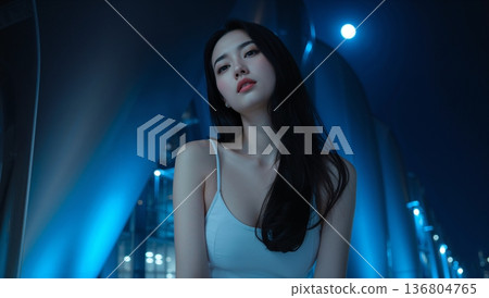 夜幕下的城鎮，一位穿著背心的漂亮女子 136804765