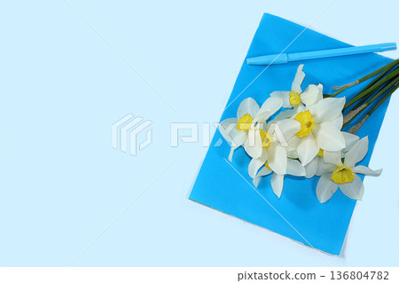 Abstract floral composition, background, minimal holiday concept, spring banner. Creative modern bouquet with daffodils. Greeting card for mother's day, happy birthday, wedding Abstract floral composition, background, minimal holiday concept, spring banner. Creative modern bouquet with daffodils. Greeting card for mother's day, happy birthday, wedding 136804782