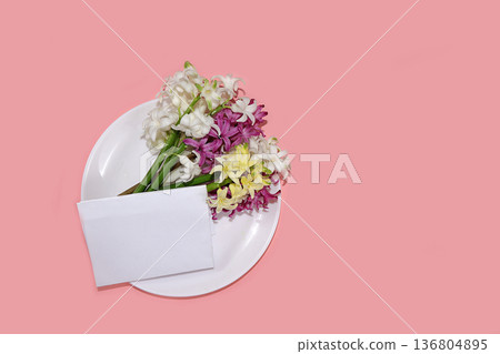 Abstract floral composition, spring background. Carnations on pink background, minimal holiday concept. Postcard for womens day or mothers day, happy birthday, wedding, banner for the screen, 136804895