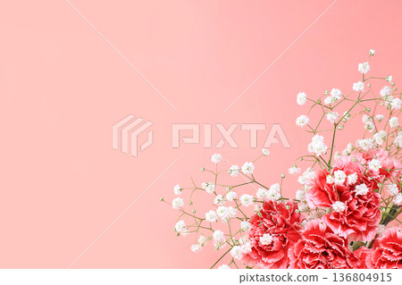 Abstract floral composition, spring background. Carnations on pink background, minimal holiday concept. Postcard for womens day or mothers day, happy birthday, wedding, banner for the screen, Abstract floral composition, spring background. Carnations on pink background, minimal holiday concept. Postcard for womens day or mothers day, happy birthday, wedding, banner for the screen, 136804915