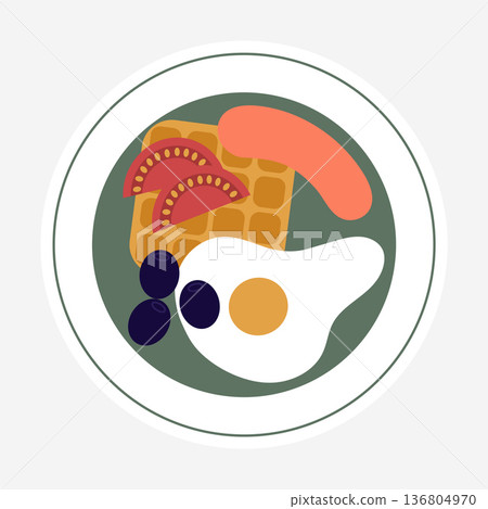 Traditional English breakfast with fried egg, sausage, tomatoes, olives, and a waffle. Flat vector isolated illustration. 136804970