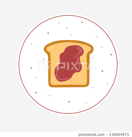 A single slice of white bread with strawberry jam spread on top on a plate. Traditional breakfast 136804973