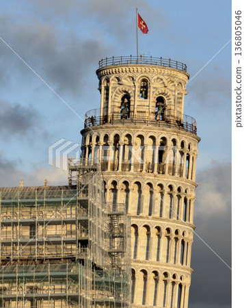 Renowned Leaning Tower Of Pisa Is Currently Being Restored With Scaffolding Renowned Leaning Tower Of Pisa Is Currently Being Restored With Scaffolding 136805046