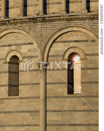 Sundrenched Stone Wall Featuring Ornate Archways And Marble Accents Sundrenched Stone Wall Featuring Ornate Archways And Marble Accents 136805047