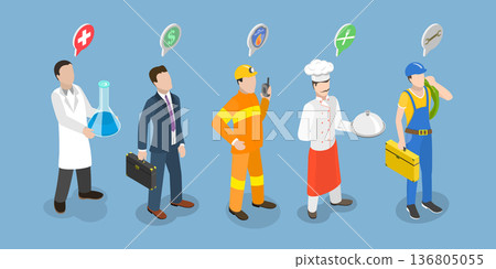 3D Isometric Flat Vector Illustration of Labor Day, Essential Workers Group of Different Occupations 136805055