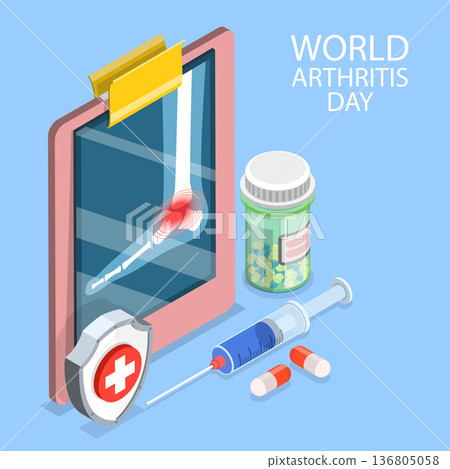 3D Isometric Flat Vector Illustration of World Arthritis Day, Medical Treatment For Rheumatism And Osteoarthritis. 136805058