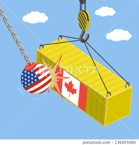 3D Isometric Flat Vector Illustration of USA-Canada Trade War, Wrecking Ball Crushes Canadian Cargo Container. 3D Isometric Flat Vector Illustration of USA-Canada Trade War, Wrecking Ball Crushes Canadian Cargo Container. 136805060