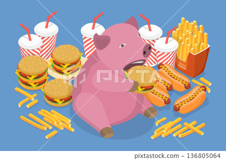 3D Isometric Flat Vector Illustration of Eating Fat Pig, Joyful Chubby Piggy Eating Junk Food With A Smile On Its Face. 136805064