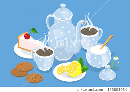 3D Isometric Flat Vector Illustration of Tea Time, Hot Drink, Desserts, And Cookies. 3D Isometric Flat Vector Illustration of Tea Time, Hot Drink, Desserts, And Cookies. 136805084