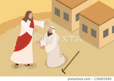 3D Isometric Flat Vector Illustration of Jesus Healing A Blind Person, Inspired By The Bible 3D Isometric Flat Vector Illustration of Jesus Healing A Blind Person, Inspired By The Bible 136805099